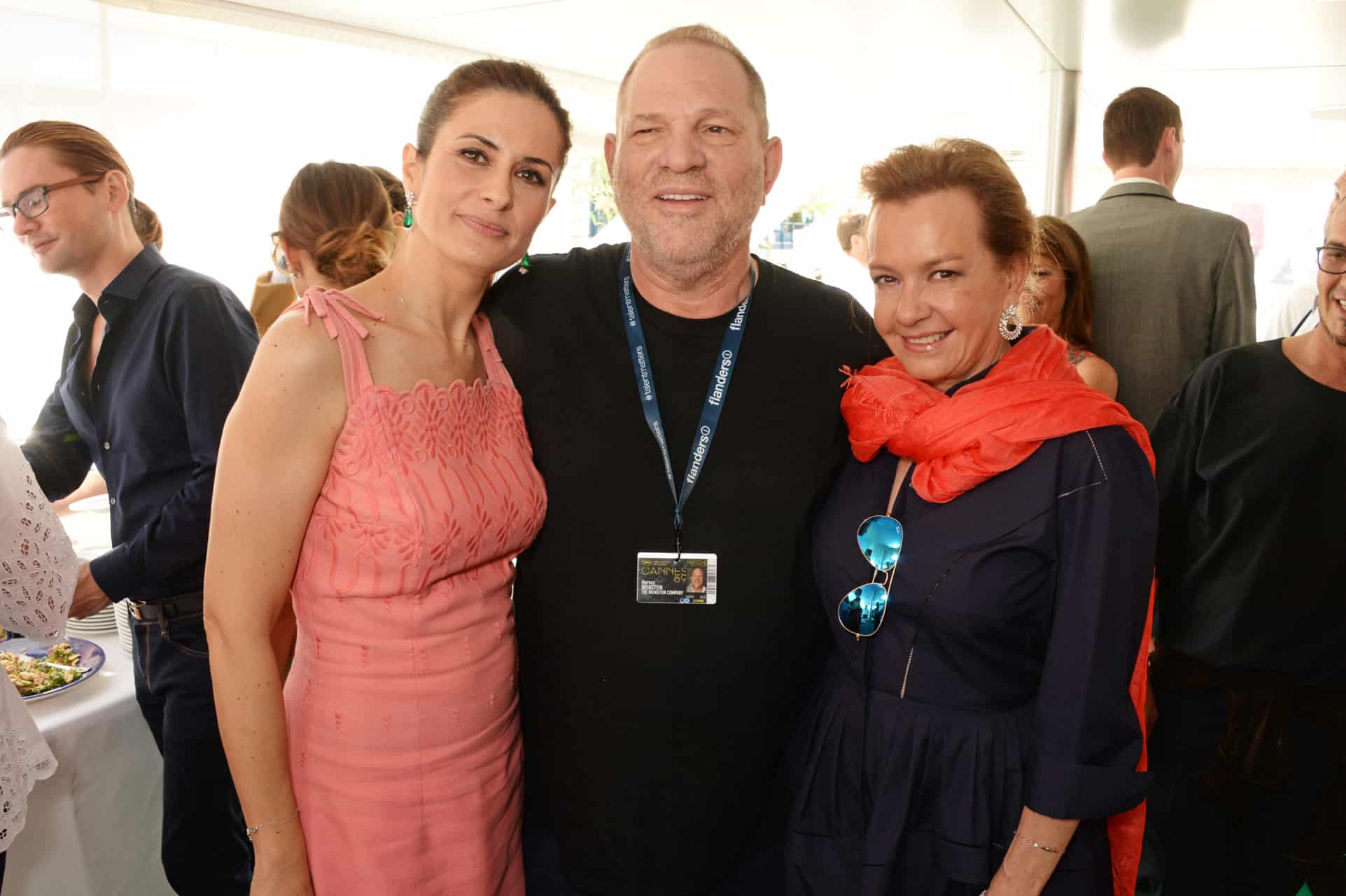 CANNES, FRANCE - MAY 14:  (L to R) Livia Firth, Harvey Weinstein and Caroline Scheufele, Artistic Director and Co-President of Chopard, attend a private lunch hosted by Colin Firth, Livia Firth and Chopard to celebrate the journey to sustainable luxury during the Cannes Film Festival 2016 aboard The Silver Reel on May 14, 2016 in Cannes, France.   Photo Credit: Dave Benett