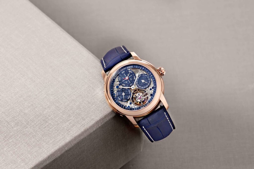 Frederique Constant launches one unique edition of its successfual Tourbillon Perpetual Calendar Manufacture watch in 18K rose gold featuring a blue tint Meteorite skeleton dial with a heartbeat opening at 6 o’clock, offering its wearer a precious glance at the watch’s complex mechanics